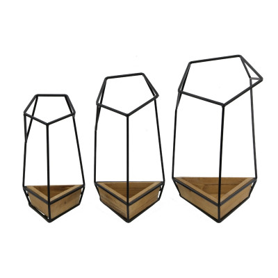 Artekko Artekko Planter Διακοσμητικό Κασπώ Επιτοίχιο Μέταλλο Ξύλο Καφέ Μαύρο (25x25x42)cm Σετ/3 SA80130-DS