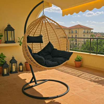 Κούνια Zafer pakoworld κρεμαστή pp σε φυσικό χρώμα και μαύρο μέταλλο 106x103x200εκ