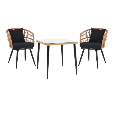 Τραπεζαρία Naoki σετ 3 τεμ pakoworld μέταλλο μαύρο-pe φυσικό-γυαλί 80x80x78εκ