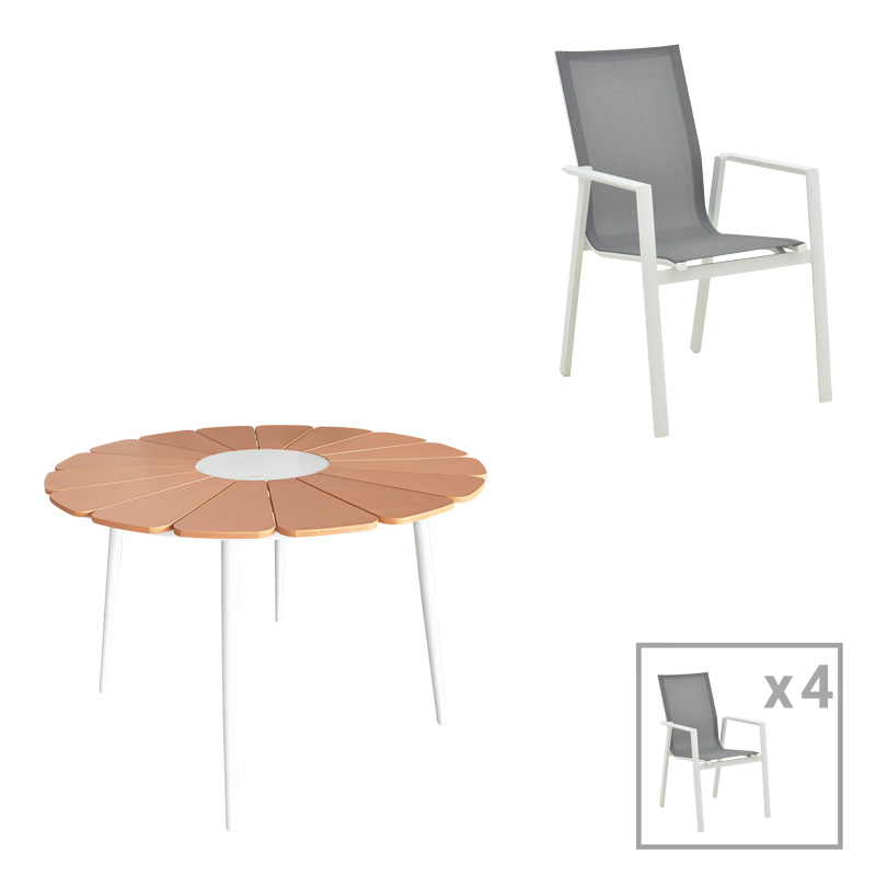 Τραπεζαρία Pinap-Dashiell σετ 5τεμ pakoworld λευκό αλουμίνιο και plywood σε φυσική απόχρωση Φ110x74εκ