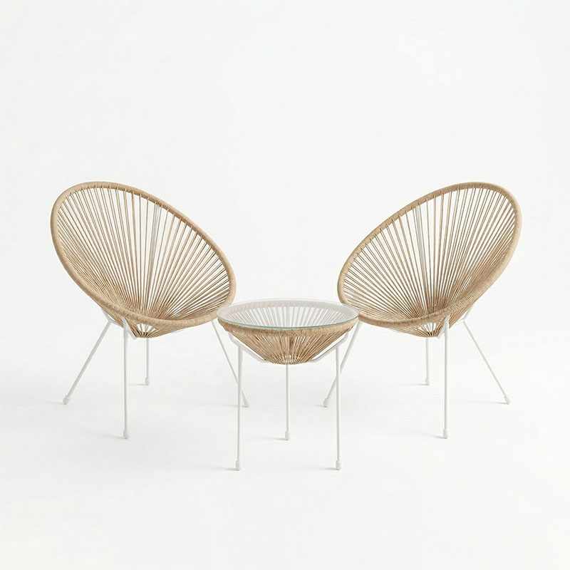 Σαλόνι Εξωτερικού Χώρου Acapulco pakoworld  Σετ 3τεμ μέταλλο λευκό με pe rattan σε φυσική απόχρωση Φ50x52εκ