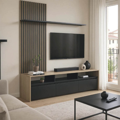 Σύνθετο σαλονιού Delfina pakoworld σε sonoma με μαύρη απόχρωση 190x40x199.5εκ