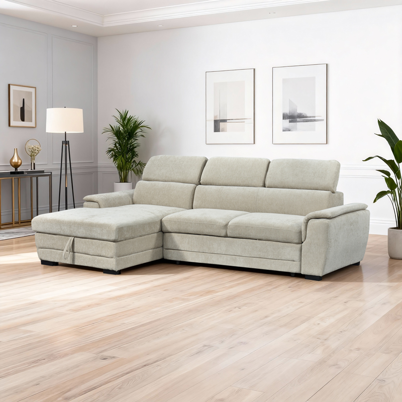 Γωνιακός καναπές-κρεβάτι αριστερή γωνία Dreamora pakoworld με αποθηκευτικό ύφασμα μπεζ 270x167x82εκ