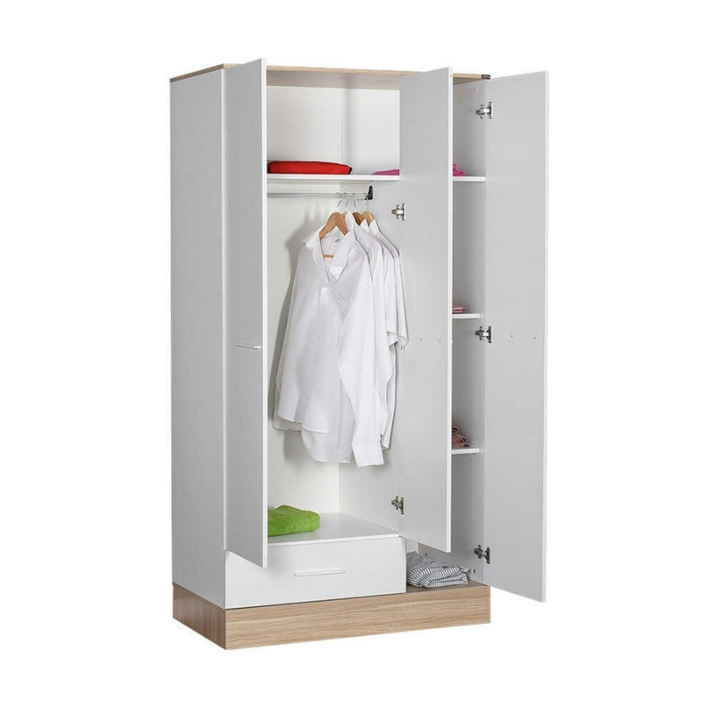 Ντουλάπα ρούχων Base Megapap τρίφυλλη με συρτάρια χρώμα λευκό - sonoma 103x52x198εκ.