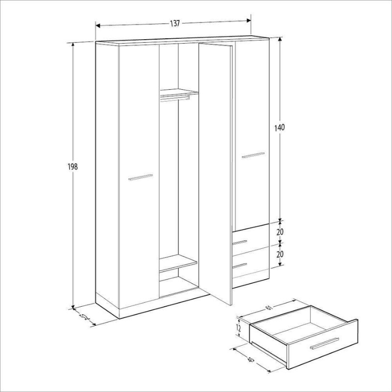 Ντουλάπα ρούχων Base Megapap τετράφυλλη με συρτάρια χρώμα λευκό - sonoma 137x52x198εκ.