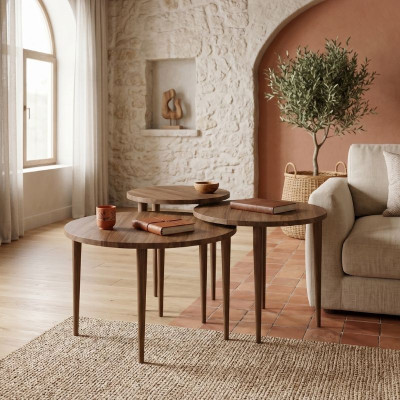 Τραπεζάκι σαλονιού σετ 3 τμχ Nola Megapap χρώμα καρυδί Ø60x46εκ.