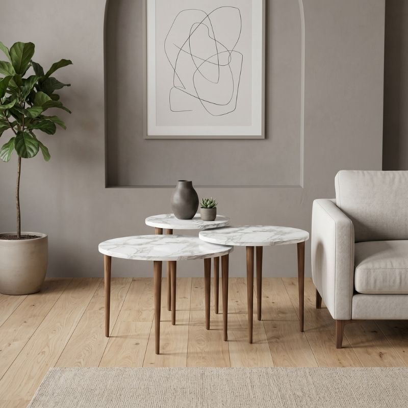 Τραπεζάκι σαλονιού σετ 3 τμχ Nola Megapap χρώμα λευκό εφέ μαρμάρου Ø60x46εκ.