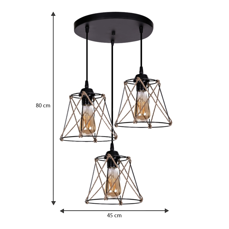 Φωτιστικό οροφής Cesa Megapap E27 μεταλλικό - σχοινί τρίφωτο χρώμα μαύρο 45x40x70εκ.
