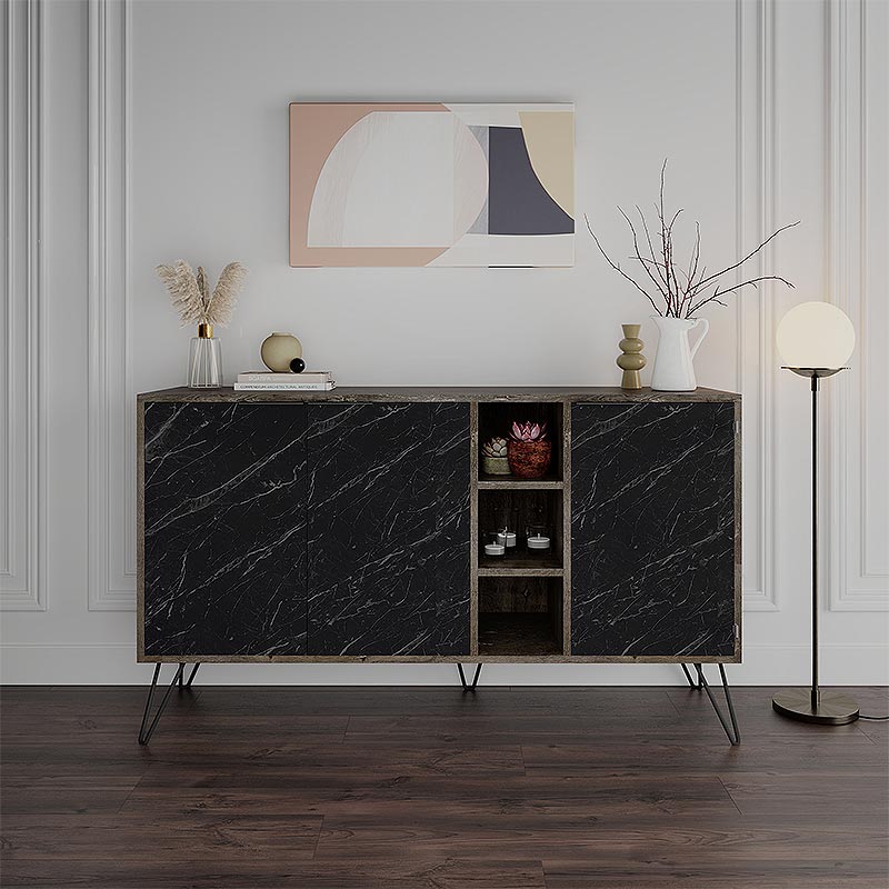 Μπουφές Clara Megapap χρώμα dark coffee - μαύρο εφέ μαρμάρου 142x35,6x83εκ.
