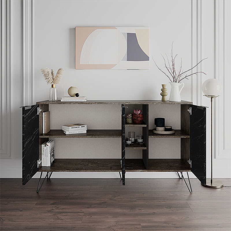 Μπουφές Clara Megapap χρώμα dark coffee - μαύρο εφέ μαρμάρου 142x35,6x83εκ.