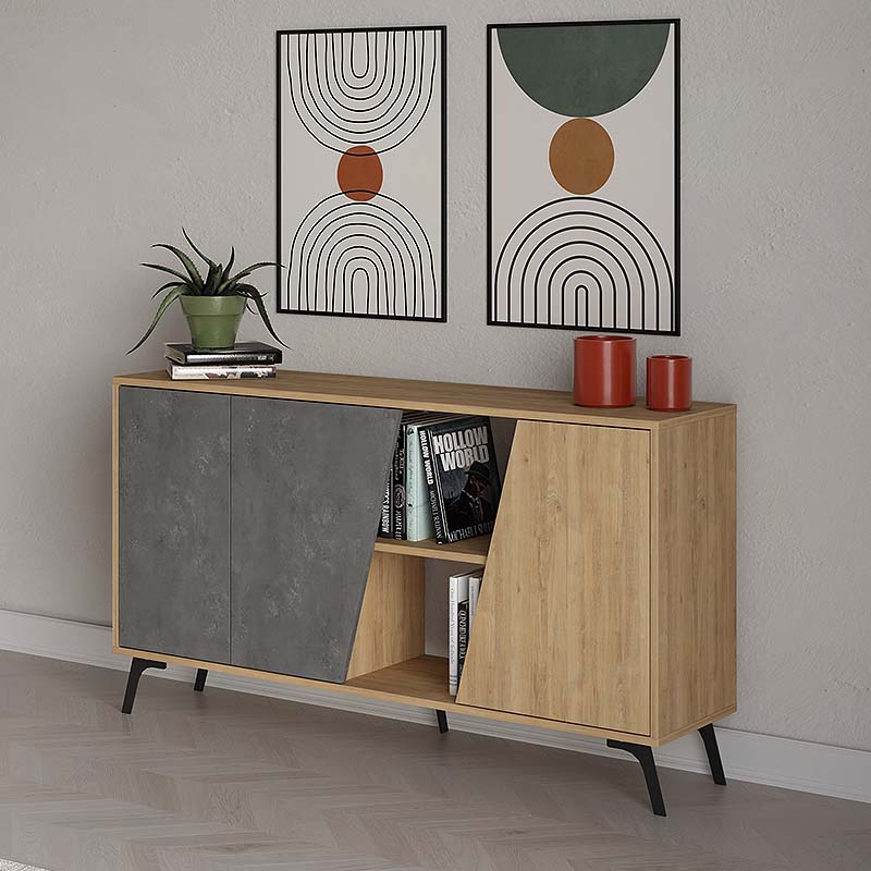 Μπουφές Fiona Megapap χρώμα φυσικό οξιάς - γκρι ρετρό 150x35,6x82εκ.