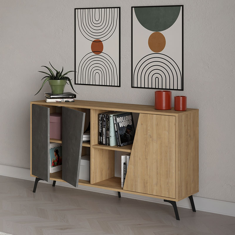 Μπουφές Fiona Megapap χρώμα φυσικό οξιάς - γκρι ρετρό 150x35,6x82εκ.