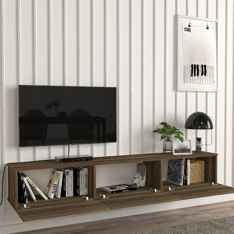 Έπιπλο τηλεόρασης επιτοίχιο Damla Megapap με LED χρώμα καρυδί 180x29,5x29,5εκ.