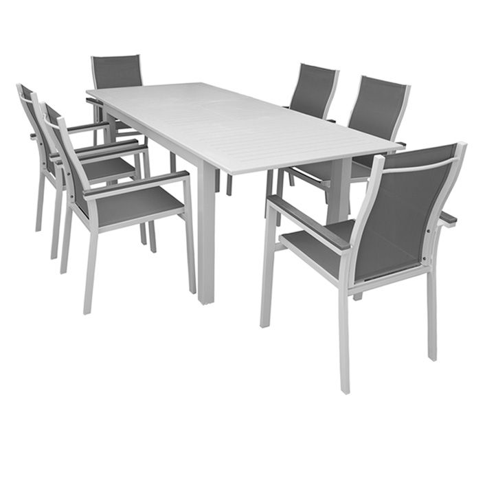 ΣΕΤ ΤΡΑΠΕΖΑΡΙΑ ΚΗΠΟΥ ΑΛΟΥΜΙΝΙΟΥ-POLYWOOD BIANCA 5372 G + MADISON 5422 G ΛΕΥΚΟ ΣΕΤ / 7 ΤΕΜ Διάσταση τραπεζιού: 150/210*090*075cm Χρώμα Αλουμινίου: Λευκό Χρώμα Polywood: Γκρι Χρώμα Textilene: Γκρι