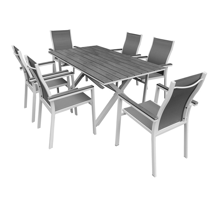 ΣΕΤ ΤΡΑΠΕΖΑΡΙΑ ΚΗΠΟΥ ΑΛΟΥΜΙΝΙΟΥ-POLYWOOD BIANCA 5372 G + KARMEN 5374 G ΣΕΤ / 7 ΤΕΜ Διάσταση τραπεζιού: 160*092*072cm Χρώμα Αλουμινίου: Λευκό Χρώμα Polywood: Γκρι Χρώμα Textilene: Γκρι