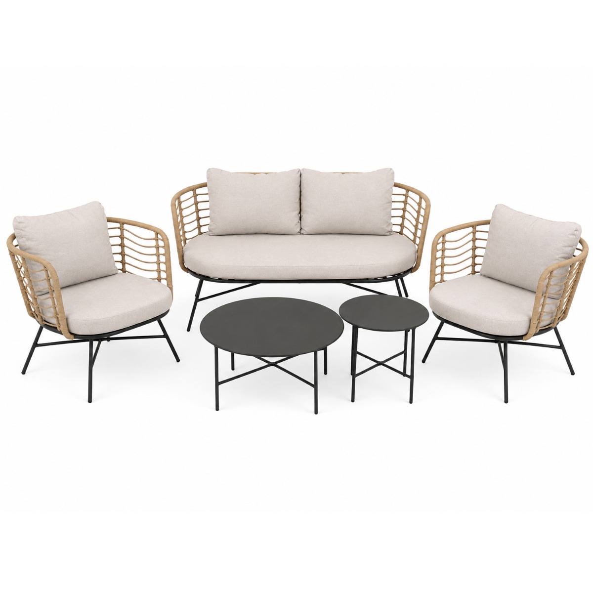 Artekko Artekko Rattan Διθέσιος Καναπές (155x75x73)cm 2x Πολυθρόνες (80x75x73)cm 2x Τραπεζάκια (70x70x35) (50x50x45)cm Μεταλλικός Γκρι Σκελετός με Παστικ. Ρατάν σε Φυσική Απόχρωση και Μπεζ Γκρι Μαξιλάρια Σετ/4 248-6000