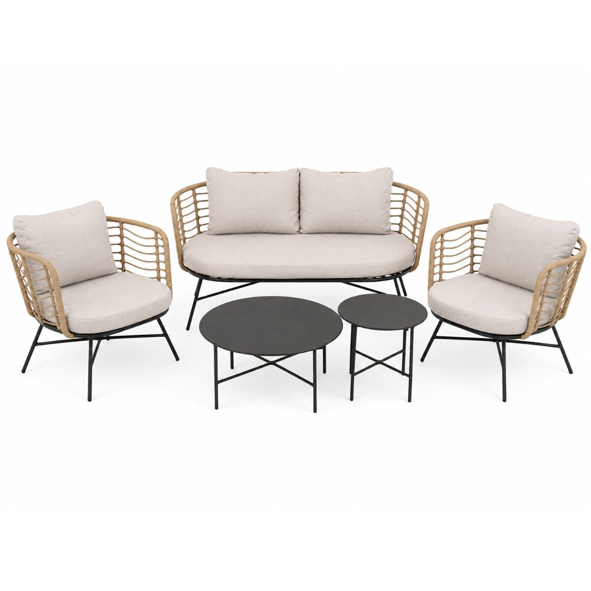 Artekko Artekko Rattan Διθέσιος Καναπές (155x75x73)cm 2x Πολυθρόνες (80x75x73)cm 2x Τραπεζάκια (70x70x35) (50x50x45)cm Μεταλλικός Γκρι Σκελετός με Παστικ. Ρατάν σε Φυσική Απόχρωση και Μπεζ Γκρι Μαξιλάρια Σετ/4 248-6000