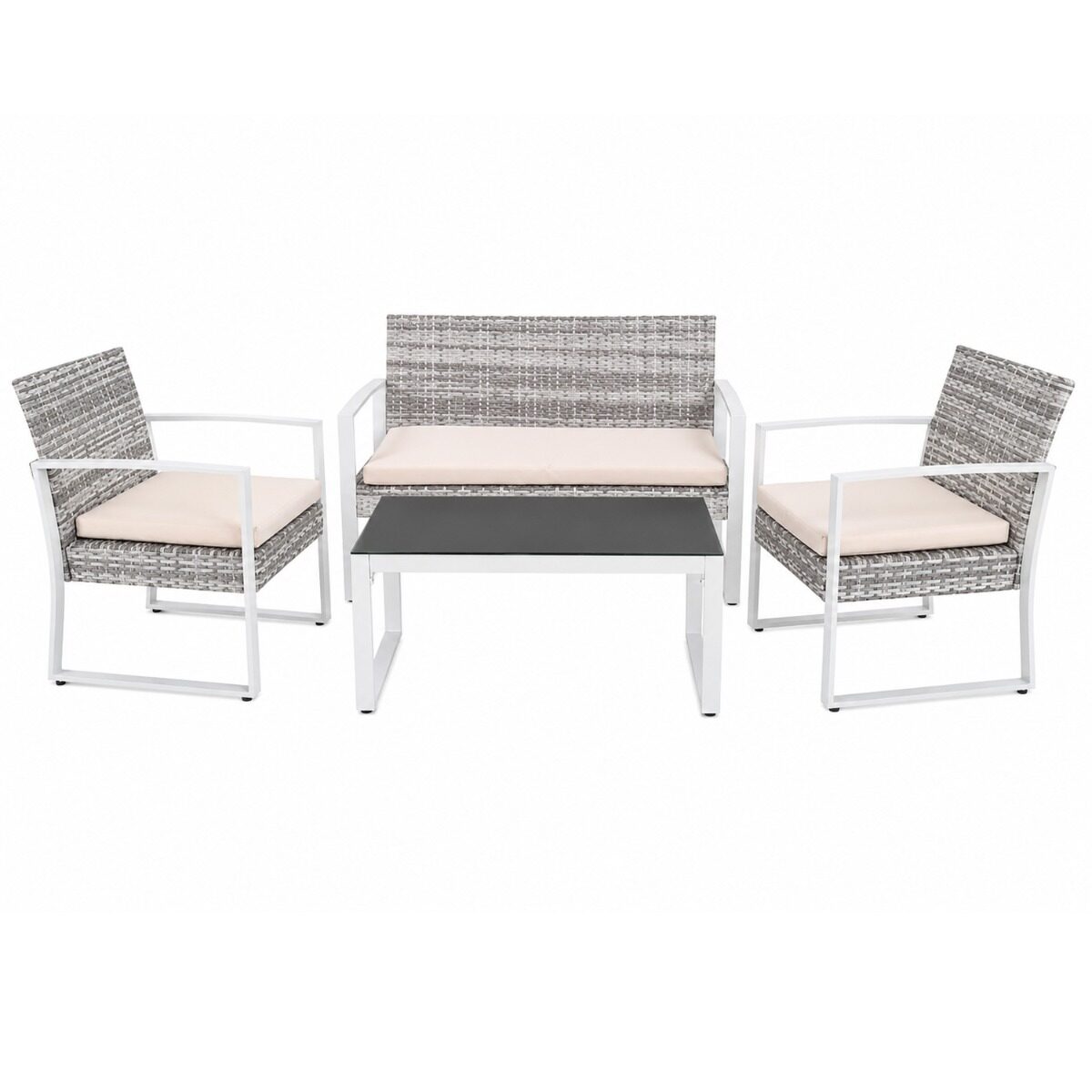 Artekko Artekko Rattan Διθέσιος Καναπές (115x60x80)cm 2x Πολυθρόνες (60x60x75)cm και Τραπέζι με Μαύρο Τζάμι (85x46x40)cm Γκρι Ανοιχτό Μεταλλικό Σκελετό με Ξύλο Πλαστικ Ρατάν και Μπεζ Μαξιλάρια Σετ/4 248-6001