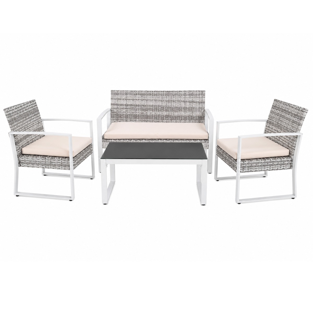 Artekko Artekko Rattan Διθέσιος Καναπές (115x60x80)cm 2x Πολυθρόνες (60x60x75)cm και Τραπέζι με Μαύρο Τζάμι (85x46x40)cm Γκρι Ανοιχτό Μεταλλικό Σκελετό με Ξύλο Πλαστικ Ρατάν και Μπεζ Μαξιλάρια Σετ/4 248-6001