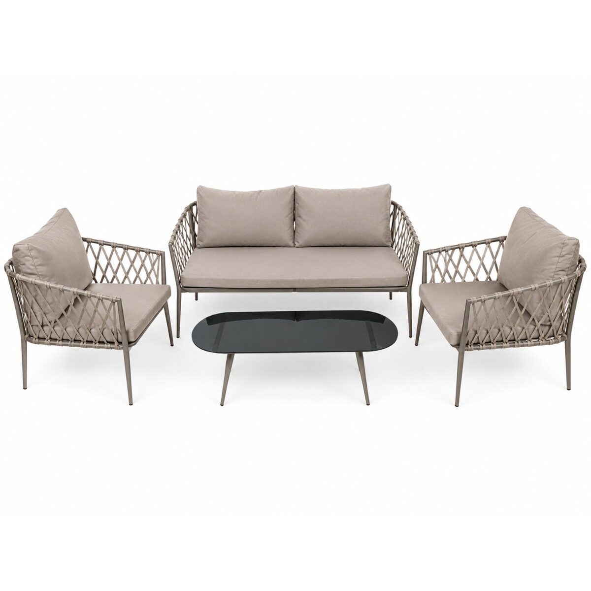 Artekko Artekko Rattan Καναπές (160x75x72)cm 2x Πολυθρόνες (76x75x72)cm Τραπέζι με Τζάμι (110x55x42)cm με Πλαστικ Κορδόνι Μεταλλικό Σκελετό Γκρι και Γκρι Μαξιλάρι Σετ/4 248-6004