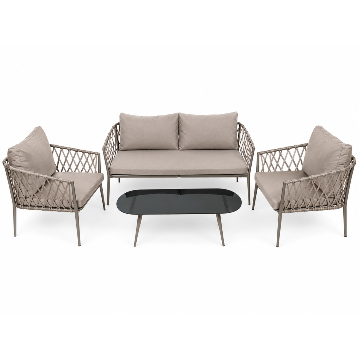 Artekko Artekko Rattan Καναπές (160x75x72)cm 2x Πολυθρόνες (76x75x72)cm Τραπέζι με Τζάμι (110x55x42)cm με Πλαστικ Κορδόνι Μεταλλικό Σκελετό Γκρι και Γκρι Μαξιλάρι Σετ/4 248-6004