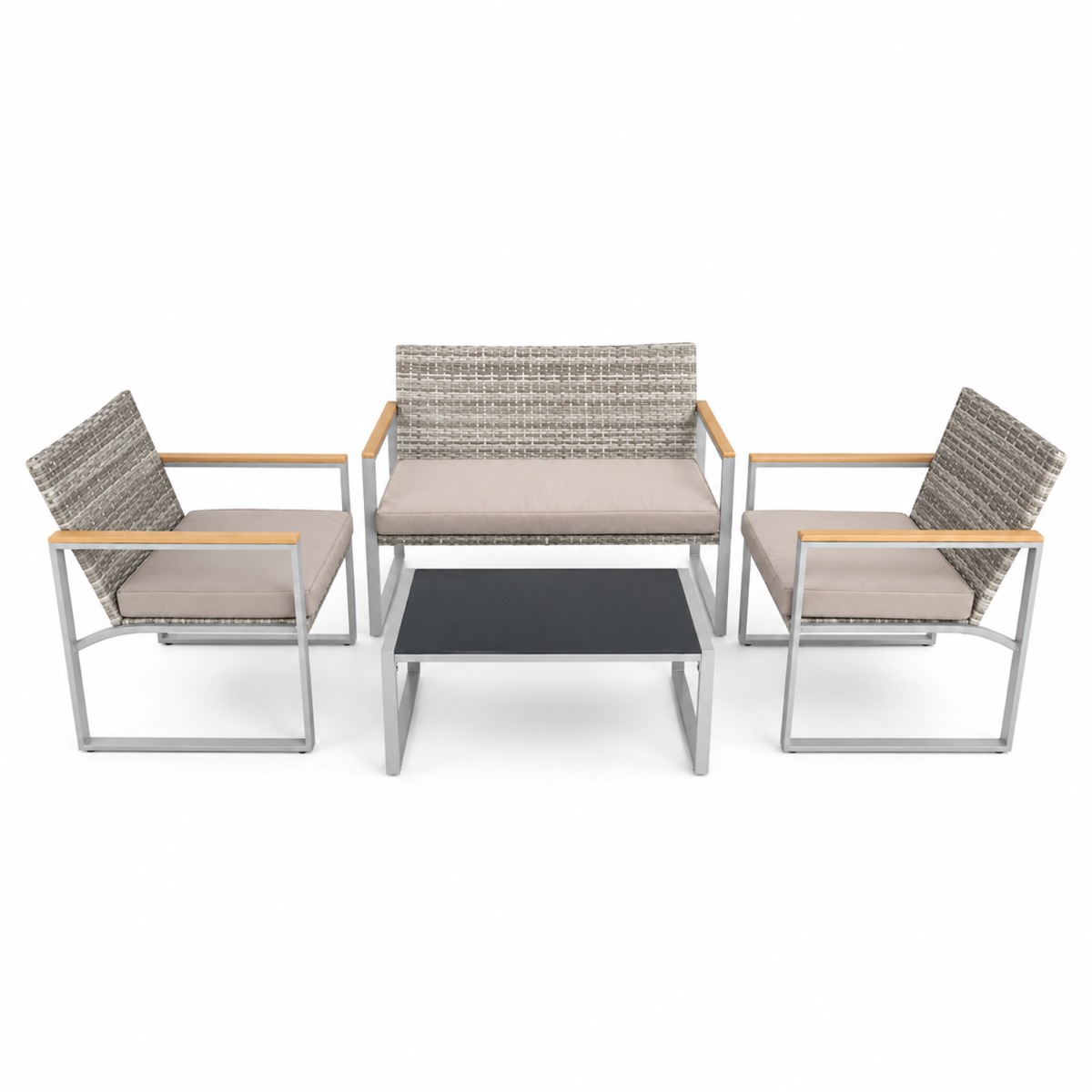 Artekko Artekko Rattan Διθέσιος Καναπές (105x65x75)cm 2x Πολυθρόνες (58x60x75)cm Τραπέζι με Τζάμι (84x45x38)cm με Πλαστικ Ρατάν Μεταλλικό Σκελετό και Ξύλο Γκρι Καφέ και Καφέ Μαξιλάρι Σετ/4 248-6005