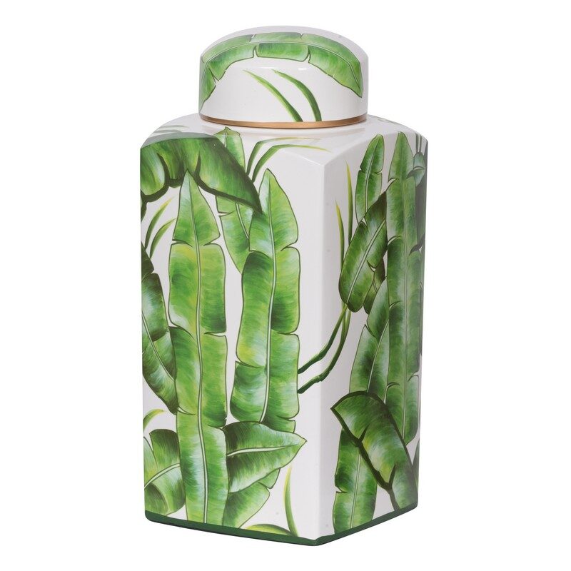 Artekko Artekko Palm Δοχείο Διακοσμητικό με Καπάκι Λευκό/Πράσινο Κεραμικό (17x17x36)cm 43652