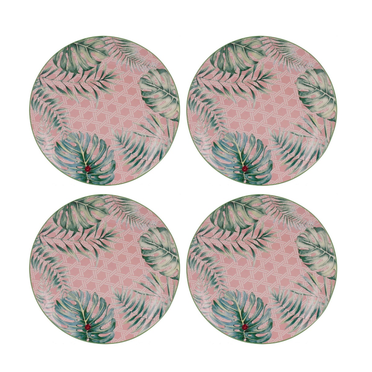 Artekko Artekko Tropical Ρηχά Πήλινα Πιάτα με Πράσινα και Ροζ Σχέδια (20x20x2)cm 4pcs 60030