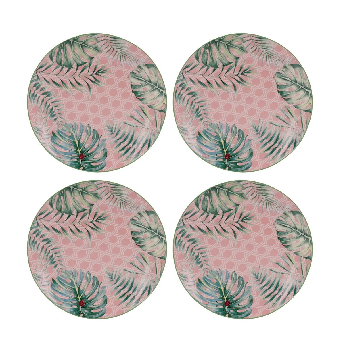 Artekko Artekko Tropical Ρηχά Πήλινα Πιάτα με Πράσινα και Ροζ Σχέδια (20x20x2)cm 4pcs 60030