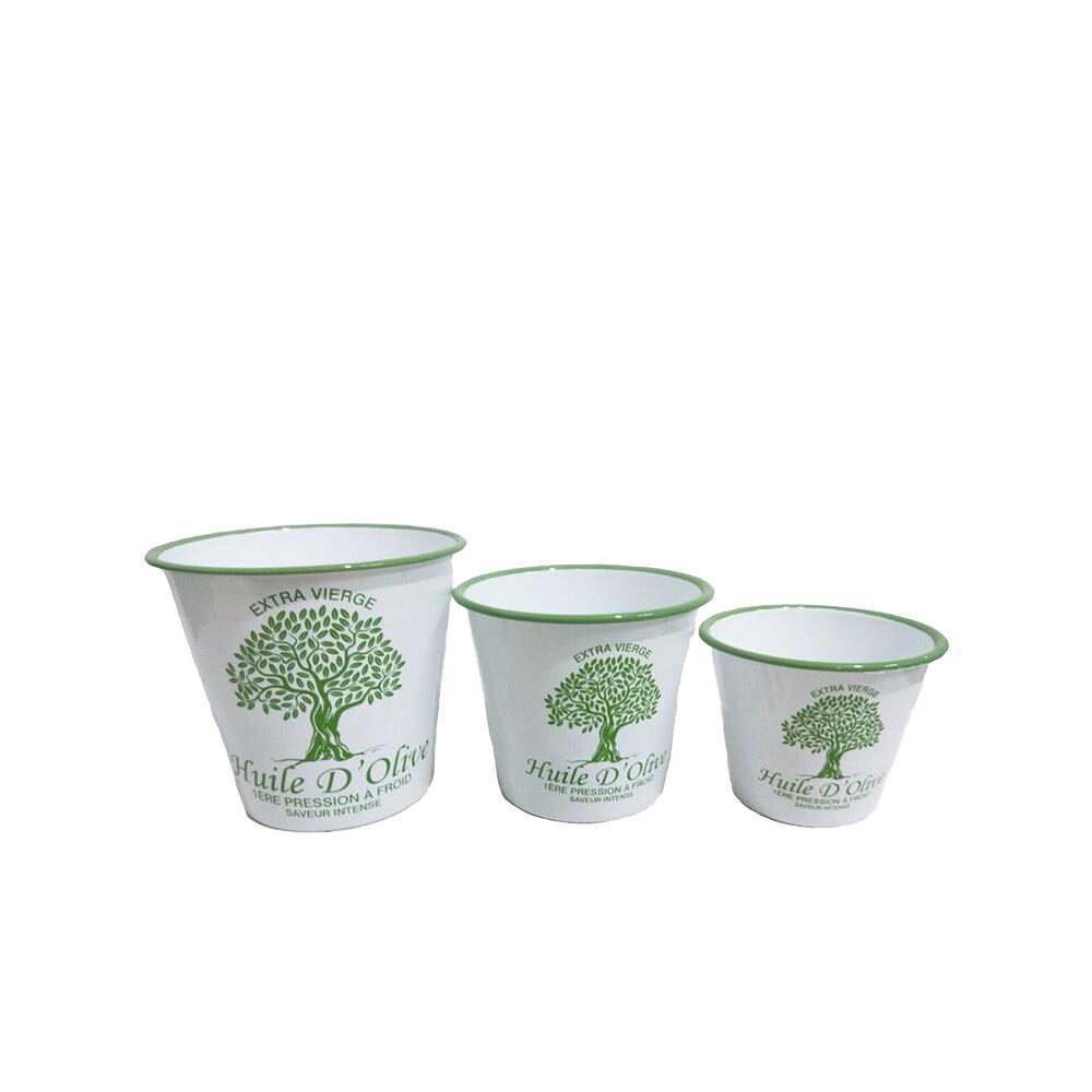Artekko Artekko Bucket Λευκά Μεταλλικά Κουβαδάκια με Πράσινα Σχέδια (16x16x18)cm (16.5x16.5x15)cm (14.5x14.5x12)cm 3pcs 742-2144