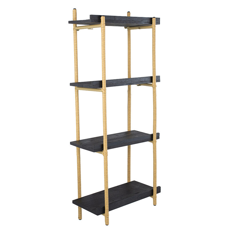Artekko Artekko Shelf Ραφιέρα Επιτοίχια με 4 Ράφια Μέταλλο Ξύλο Ρατάν Μαύρο (46x25x112)cm 78036-DS