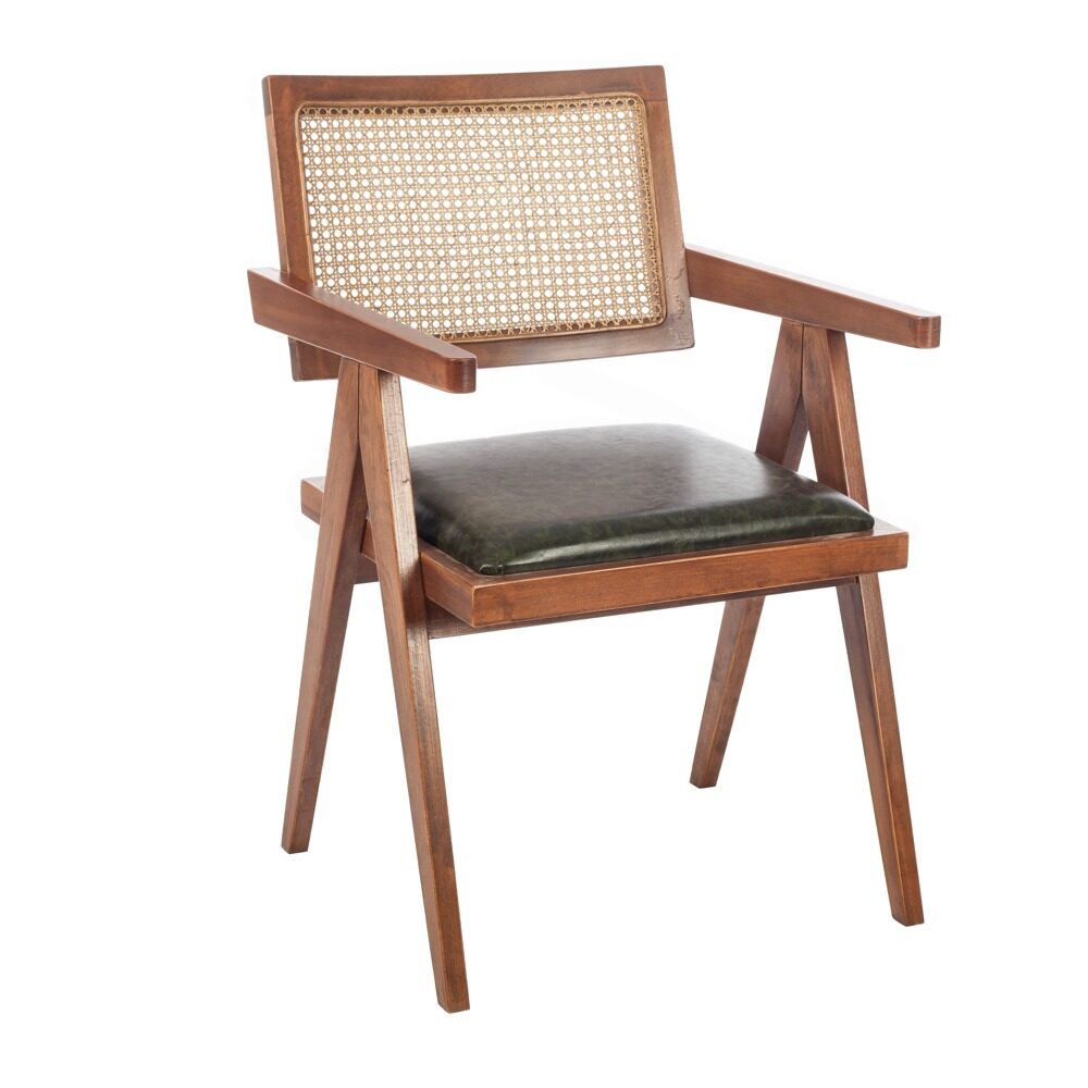 Artekko Artekko Suva Rattan Καρέκλα με Καφέ Ξύλινο Σκελετό με Ψάθα και Πράσινο Τεχνόδερμα (52x55x80)cm 783-1504-D