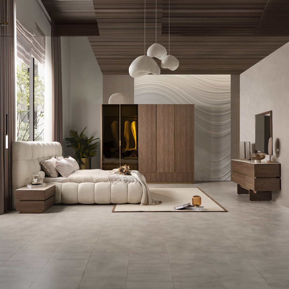 Artekko Artekko Midnight Εκρού Υφασμάτινο Διπλό Κρεβάτι (260x230x125)cm για Στρώμα(180x200) MDF 2pcs Κομοδίνα (65x48x40)cm Ντουλάπα με Καθρέπτη και Φωτισμό (270x63x230)cm Συρταριέρα (160x48x78)cm και Καθρέπτη (90x90x5)cm 783-6408