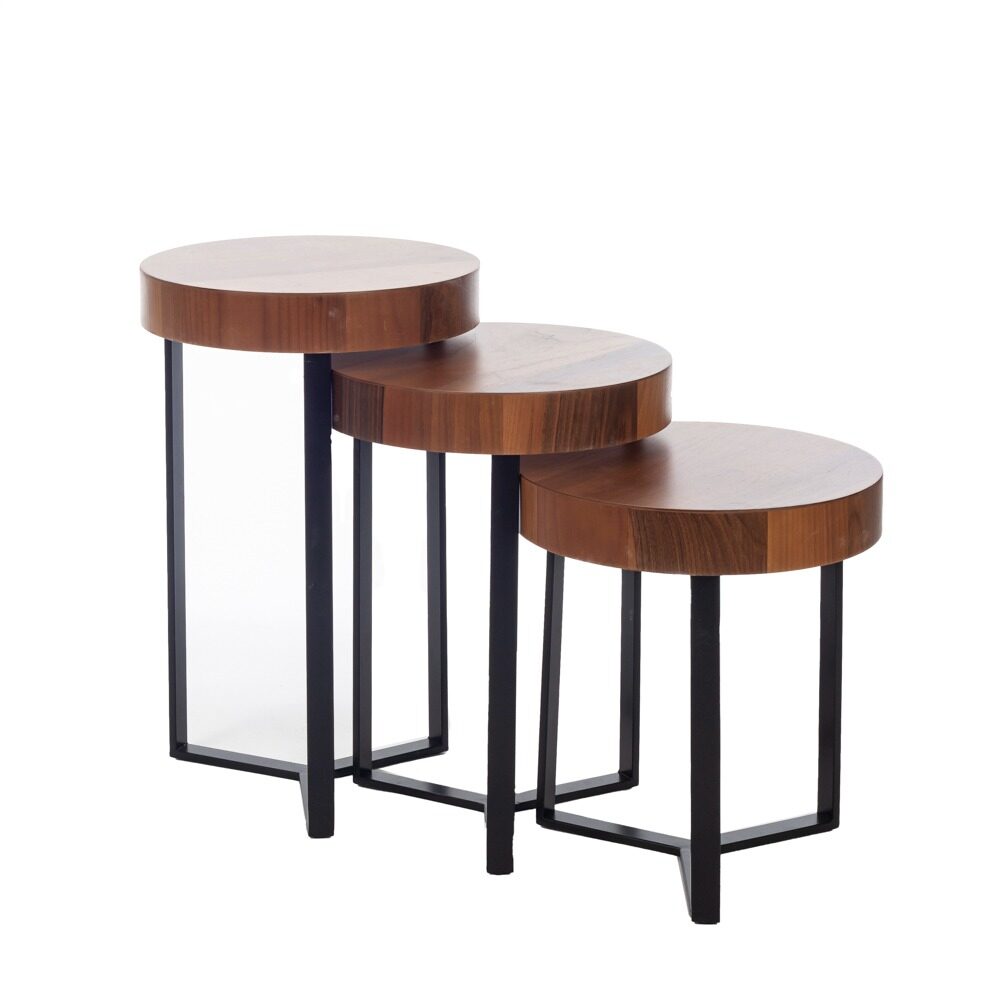 Artekko Artekko Zigon Καφέ MDF Βοηθητικά Τραπεζάκια με Μαύρα Μεταλλικά Πόδια  (Φ39x62)cm (Φ39x53)cm (Φ39x44)cm 3pcs 784-2017