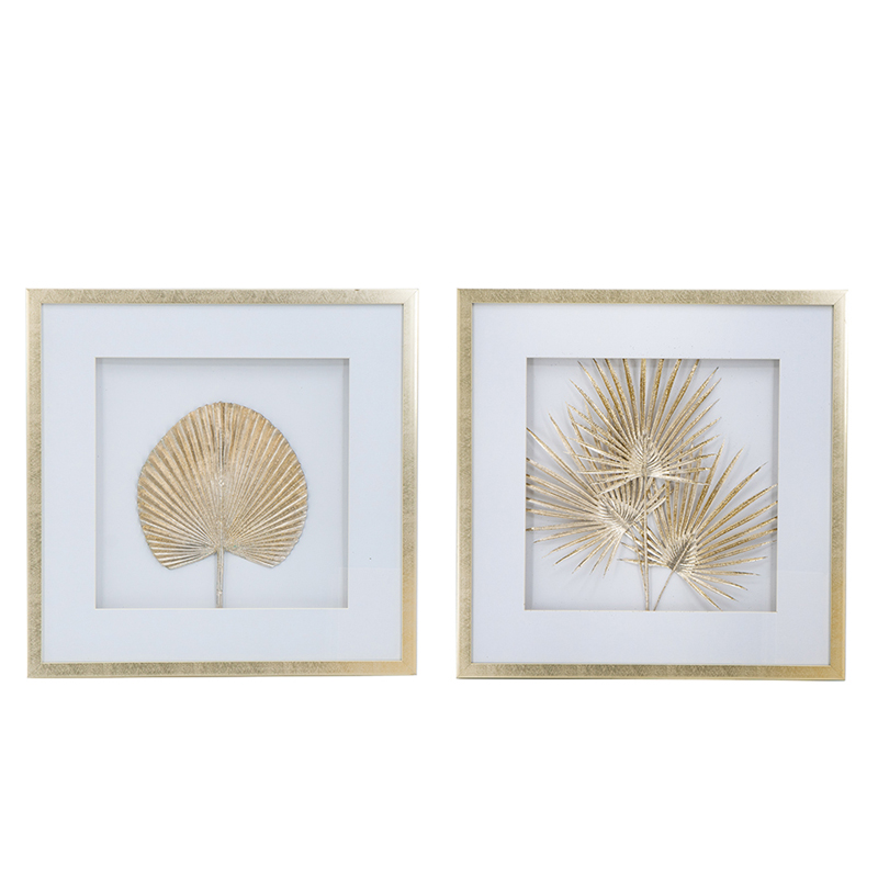 Artekko Artekko Botanicial Πίνακας με Φύλλα Ξύλο Γυαλί Χρυσό (56x3x56)cm Σετ/2 83433-SA