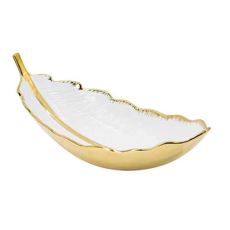 Artekko Artekko Leaf Λευκό Κεραμικό Διακοσμητικό Επιτραπέζιο Φύλλο Πιατέλα με Χρυσές Λεπτομέρειες (47x18x15.5)cm 8850