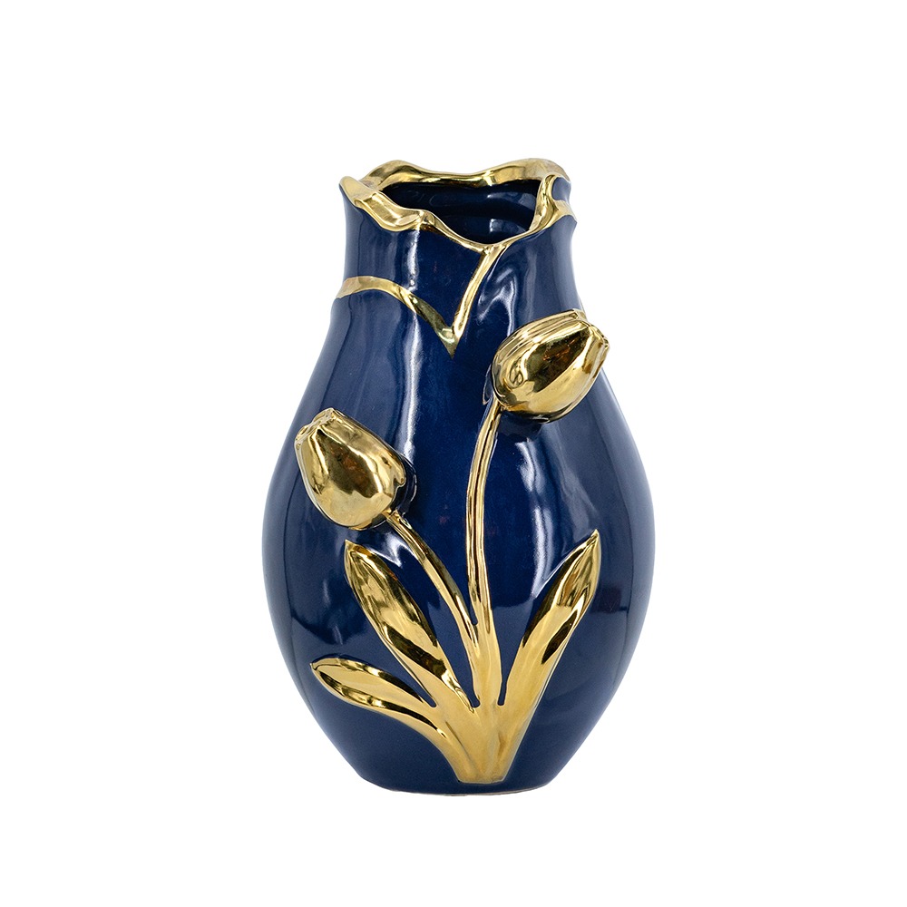 Artekko Artekko Glazed Μπλε Κεραμικό Βάζο με Χρυσές Λεπτομέρειες (19x19x28.5)cm C8878