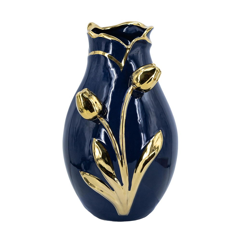 Artekko Artekko Glazed Μπλε Κεραμικό Βάζο με Χρυσές Λεπτομέρειες (20x20x34.5)cm C8879