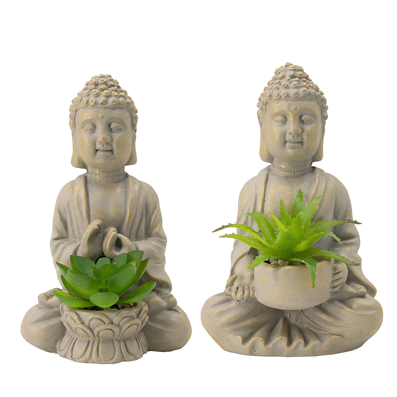 Artekko Artekko Buddha Διακοσμητικός Βούδας με Φυτό Τσιμεντένιο Χρυσό Μπεζ (10x10x16) Σετ/2 D9396