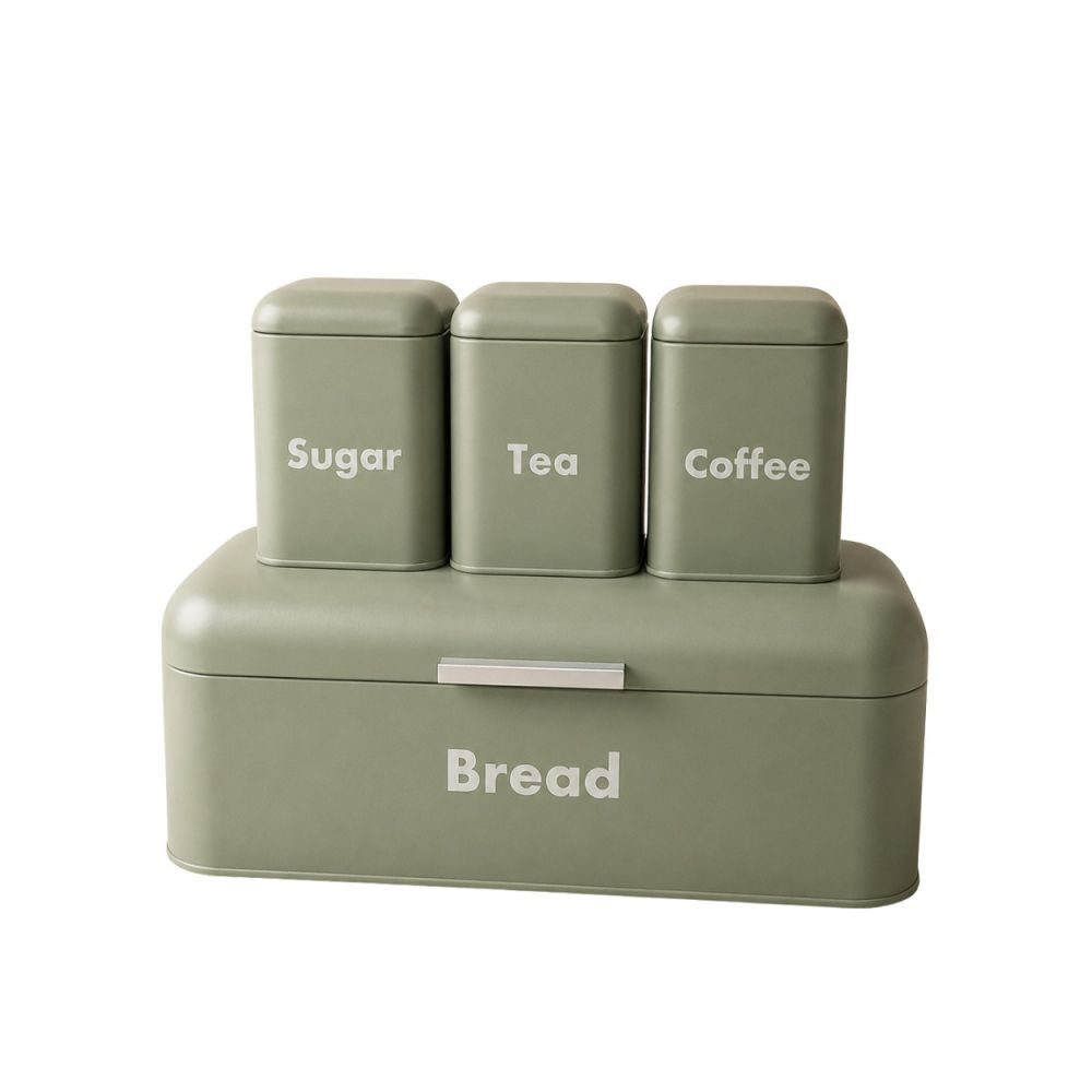 ΣΕΤ 4 ΠΡΑΣΙΝΗ ΜΕΤΑΛΛΙΚΗ ΨΩΜΙΕΡΑ ΜΕ 3 ΚΟΥΤΙΑ (TEA COFFEE SUGAR) 41Χ22Χ16ΕΚ 10,5Χ10,5Χ15ΕΚ