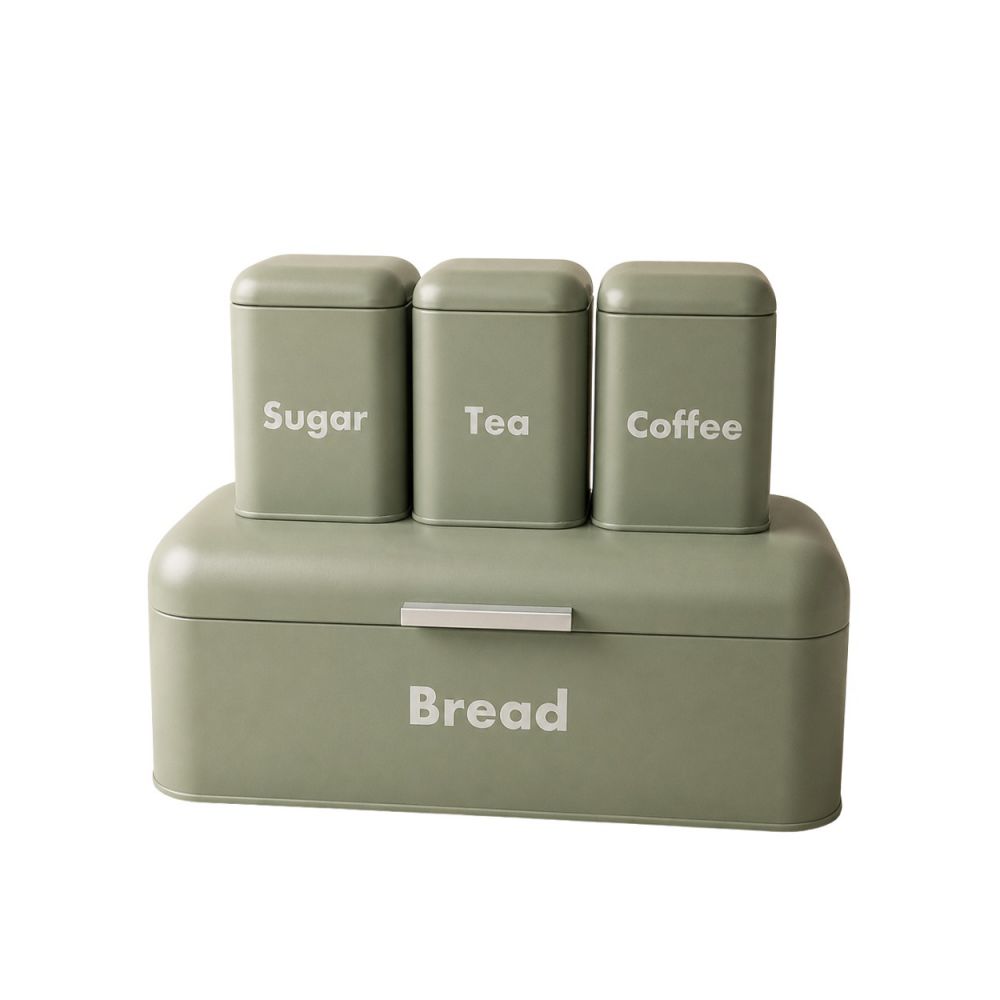 ΣΕΤ 4 ΠΡΑΣΙΝΗ ΜΕΤΑΛΛΙΚΗ ΨΩΜΙΕΡΑ ΜΕ 3 ΚΟΥΤΙΑ (TEA COFFEE SUGAR) 41Χ22Χ16ΕΚ  10,5Χ10,5Χ15ΕΚ