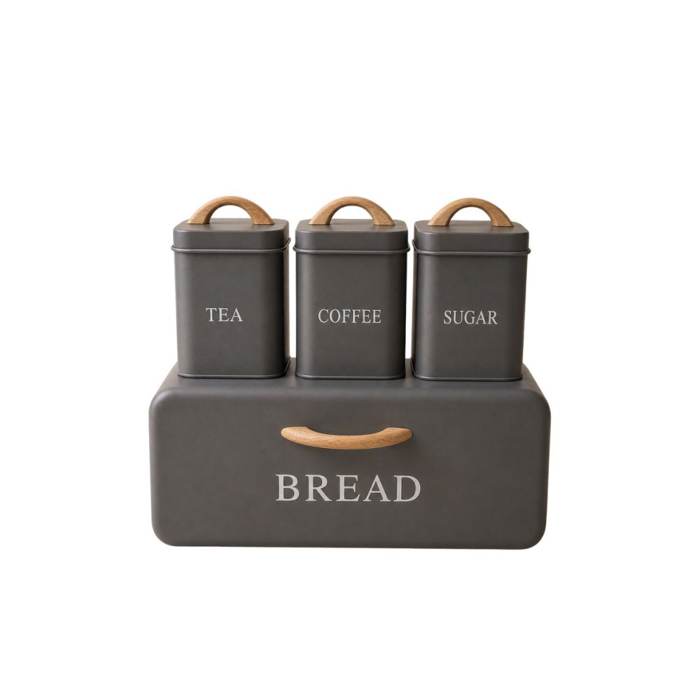 ΣΕΤ 4 ΓΚΡΙ ΜΕΤΑΛΛΙΚΗ ΨΩΜΙΕΡΑ ΜΕ 3 ΚΟΥΤΙΑ (TEA COFFEE SUGAR) 35Χ21Χ20ΕΚ  11Χ11Χ14ΕΚ