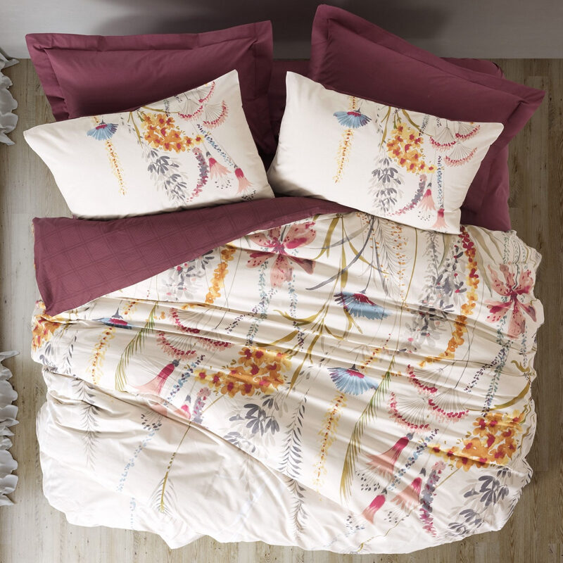 Σετ παπλωματοθήκη Flos Cotton Box 3 τμχ Μονή (160x220) χρώμα μπορντώ