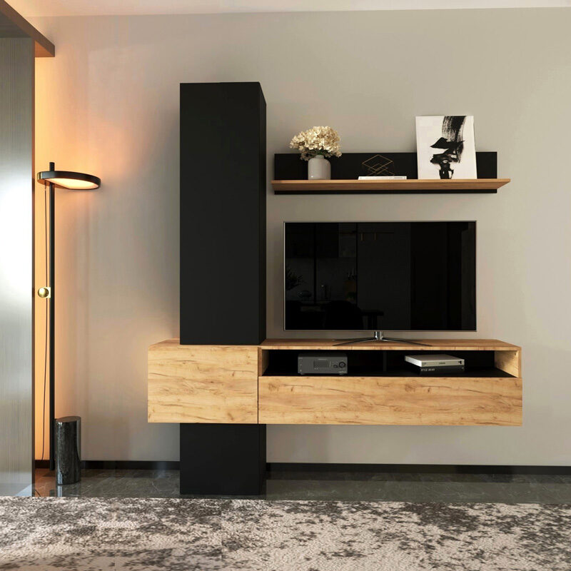 Σύνθετο σαλονιού Wendy pakoworld σε oak-μαύρη απόχρωση 195.1x37.3x219.1εκ