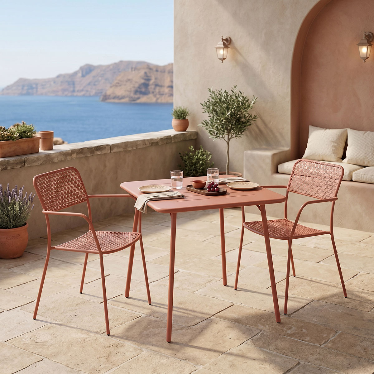 Τραπεζαρία Moraja Federal pakoworld σετ 3τεμ terracotta μέταλλο 70x70x73εκ