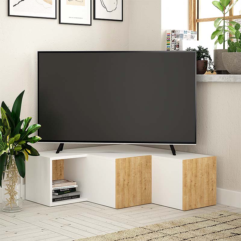 Έπιπλο τηλεόρασης γωνιακό Compact Megapap χρώμα λευκό - sapphire oak 94,2x90,6x31,4εκ.