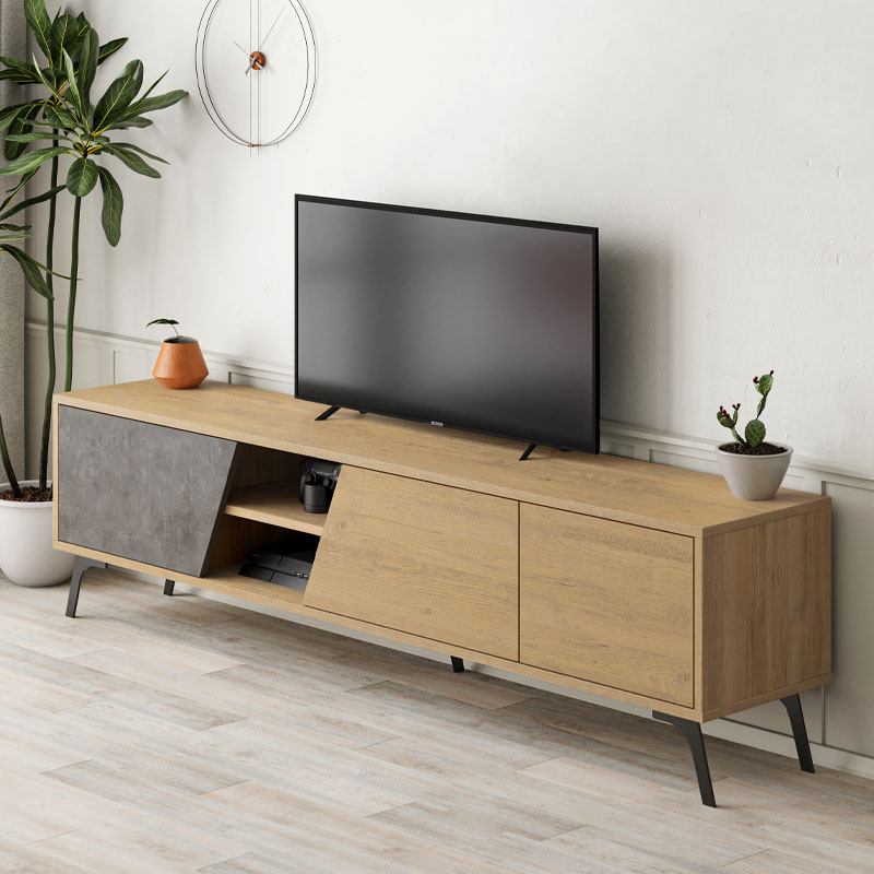 Έπιπλο τηλεόρασης Fiona Megapap χρώμα sapphire oak - γκρι ρετρό 180x35,6x48εκ.