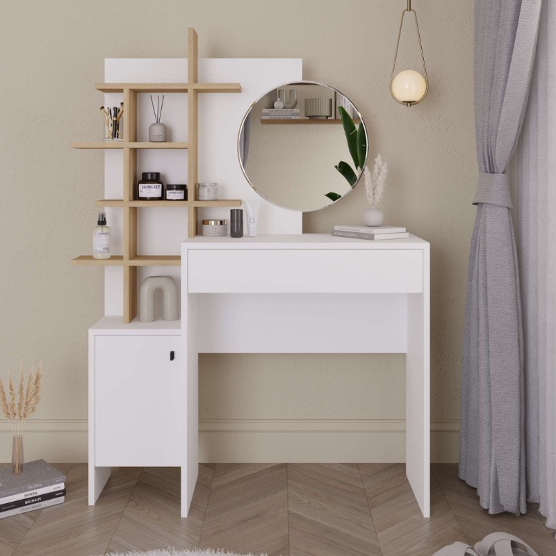 Τουαλέτα με καθρέπτη Mup Megapap χρώμα λευκό - sapphire oak 105x35x151εκ.