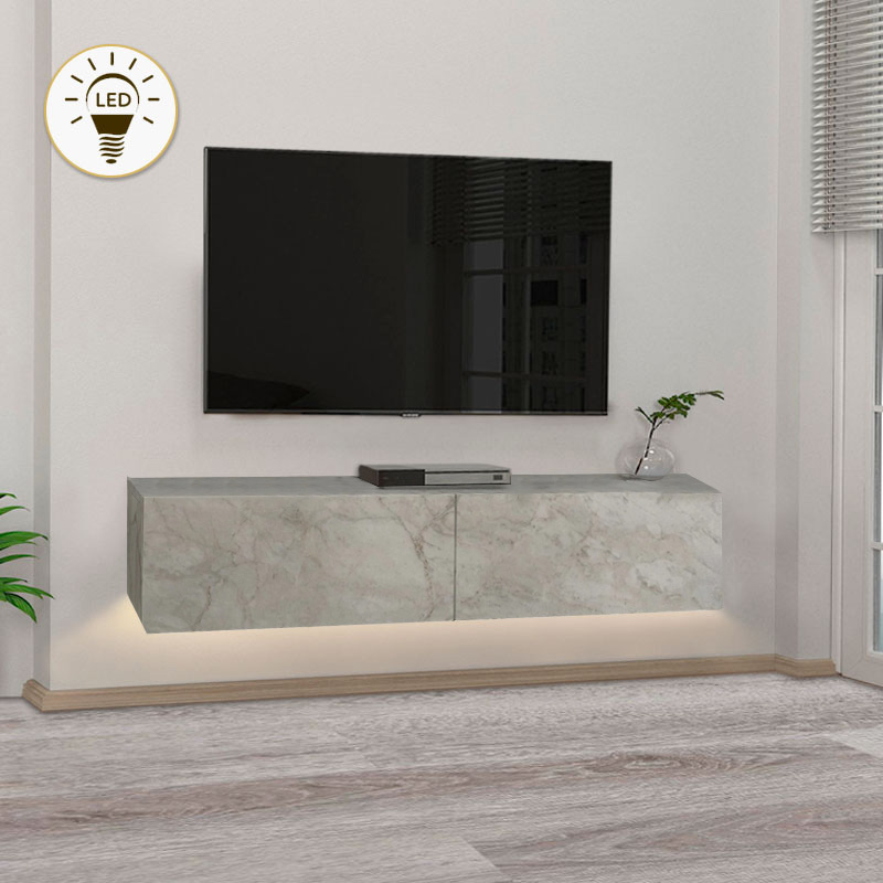 Έπιπλο τηλεόρασης επιτοίχιο Aristo Megapap με LED χρώμα λευκό εφέ μαρμάρου 135x31,6x25εκ.
