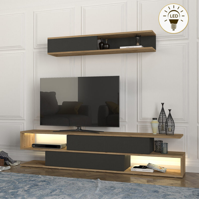Σύνθεση τηλεόρασης Manet Megapap με LED χρώμα sepet oak - ανθρακί 180x29,5x39εκ.